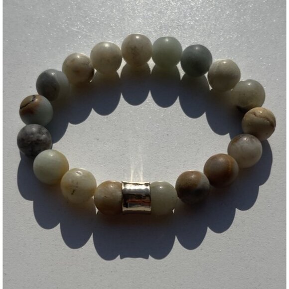 Jade MultiColor Jade Gray Cream Brown Stone Round Bead Bracelet Size 6.5 - Picture 1 of 14